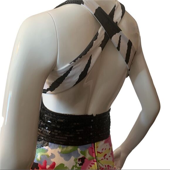 Prom Dress Shimmering Black/Pink Floral Prom  Criss-Cross Back size 3/4 - Picture 5 of 11